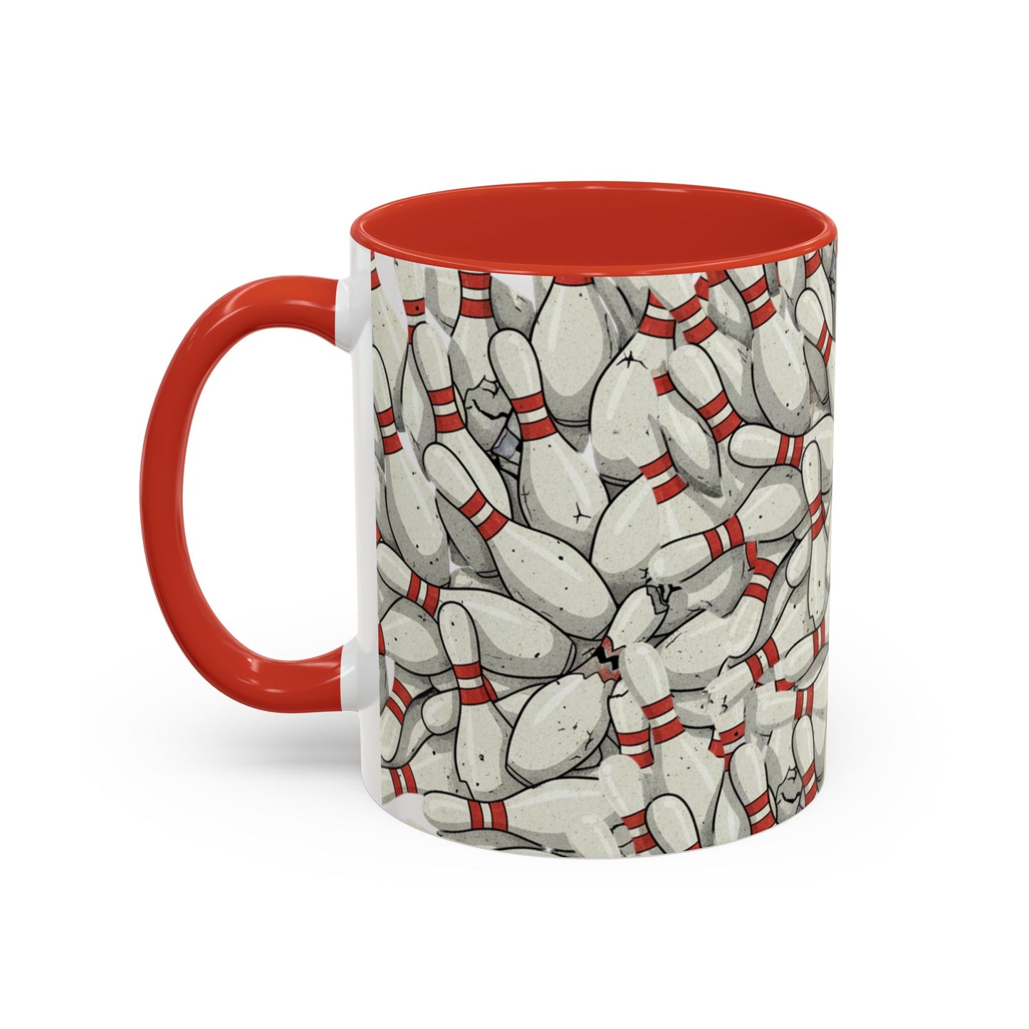 Bowling Pins Pattern Accent Coffee Mug – Red Interior Handle, 11/15oz