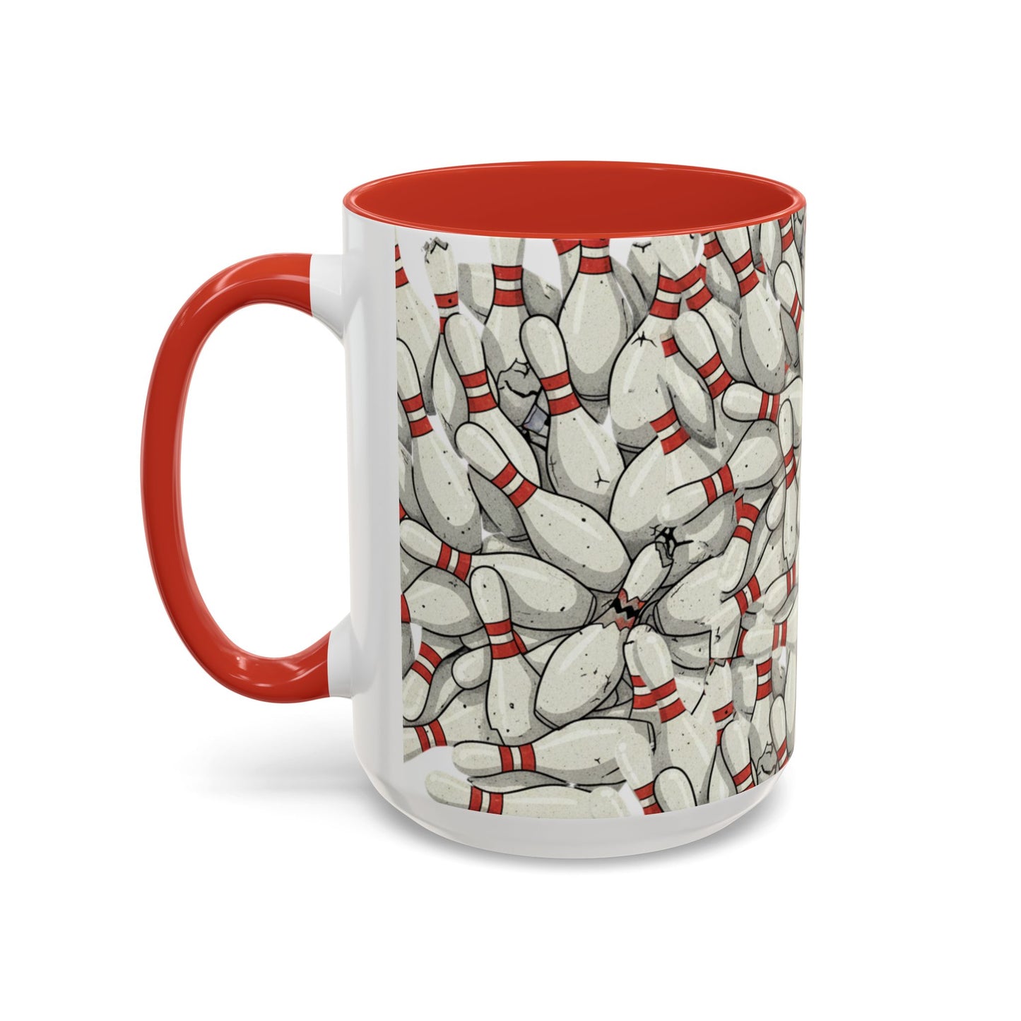 Bowling Pins Pattern Accent Coffee Mug – Red Interior Handle, 11/15oz