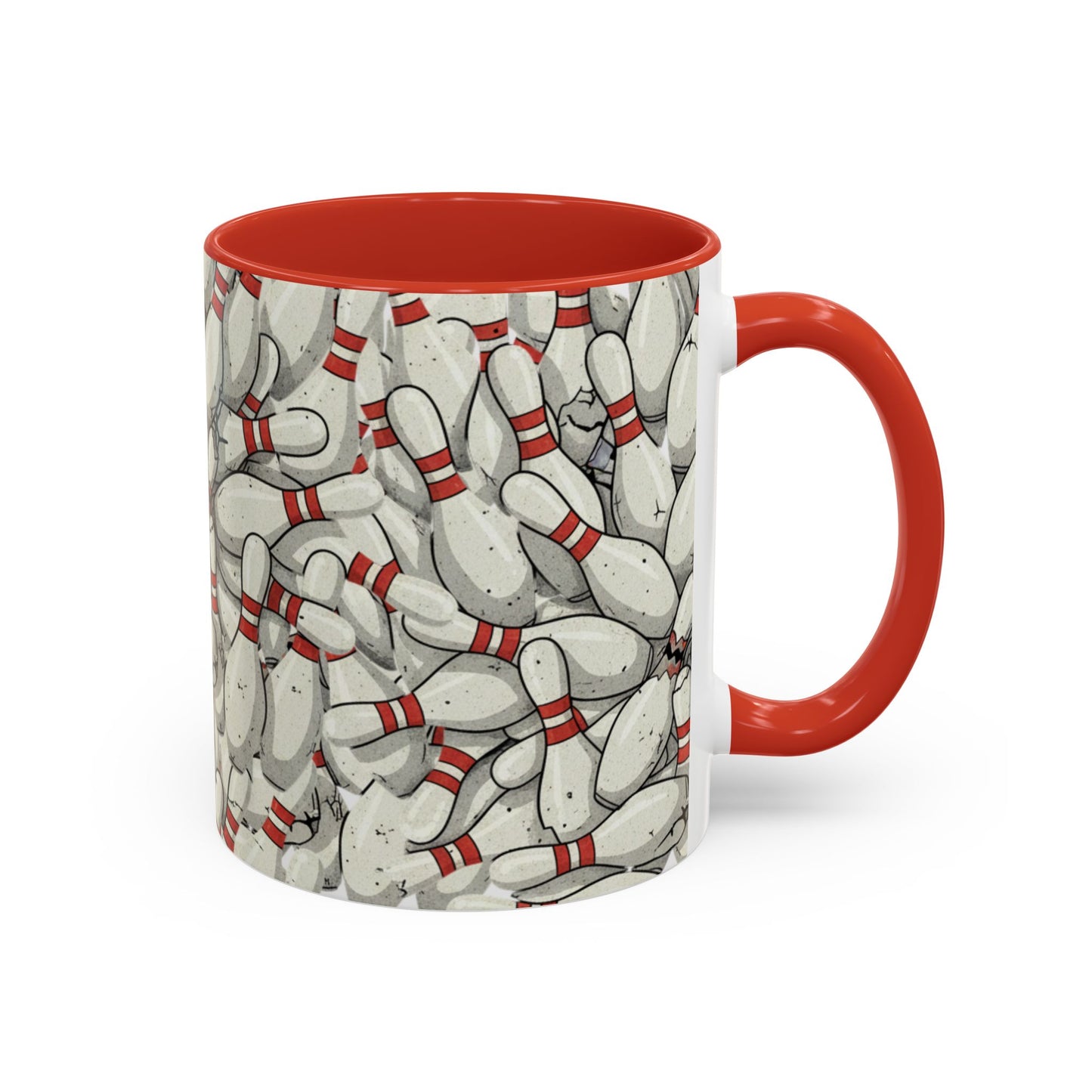 Bowling Pins Pattern Accent Coffee Mug – Red Interior Handle, 11/15oz