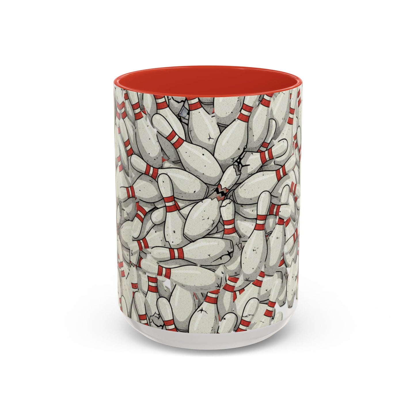 Bowling Pins Pattern Accent Coffee Mug – Red Interior Handle, 11/15oz