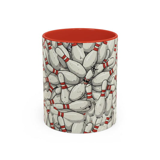 Bowling Pins Pattern Accent Coffee Mug – Red Interior Handle, 11/15oz
